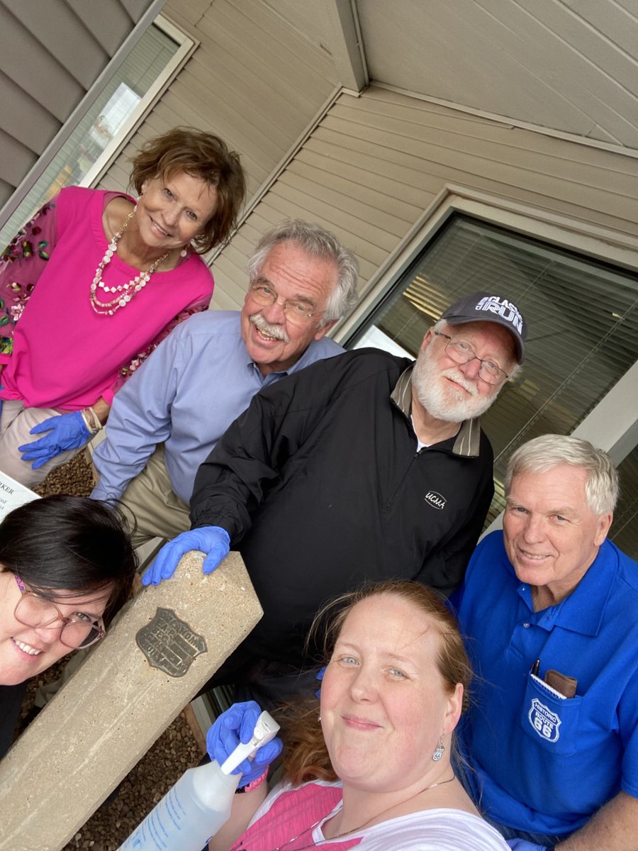 Route66museum's tweet photo. Today is #NationalHistoricMarkerDay and everyone here at the Route 66 Museum in Clinton Oklahoma (the mayor &amp; city manager too!) took time to go out and clean a historical marker! Come by and check out our newly cleaned marker! 🚗🗺️
#ExploreOK #Route66 https://t.co/eMFT4Qdw0g