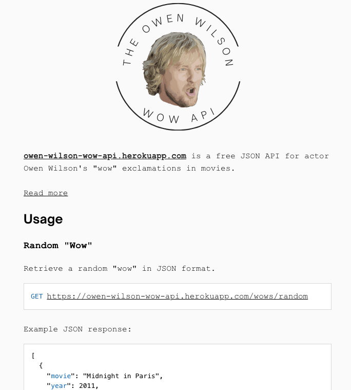 ossia's tweet photo. A freeCodeCamp camper built this entire database of Owen Wilson's "wows" from all his movies. Complete with JSON REST API.

Every bit as comprehensive as it is creative. 😵 https://t.co/GK1k5gihWB https://t.co/Ku1Kq0Fw50