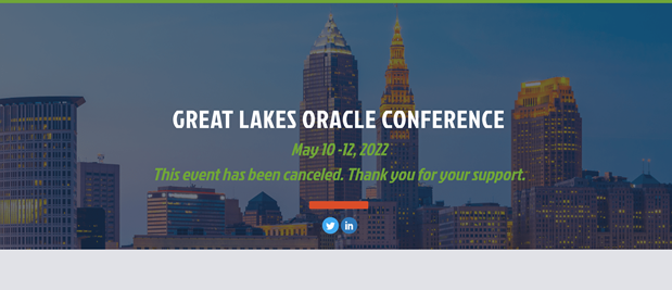Due to the pandemic’s continued effect on in-person event attendance, we regret to announce that the 2022 Great Lakes Oracle Conference, May 10-12, has been canceled. Thank you for your continued support! #NEOOUG #GLOCCLE