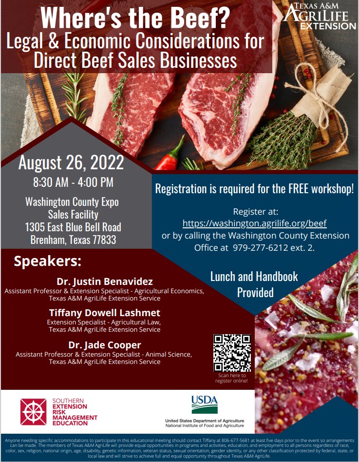 TiffDowell's tweet photo. We're taking our Where's the Beef: Legal & Economic Considerations for Direct Beef Sales Businesses program on the road! Come join @JustBenavidez, Dr. Cooper, & me in Brenham for this FREE event on Aug. 26!
Register here: https://t.co/MTp5JzhmPL
#aglaw #beef #beefsales https://t.co/4Rbk0Hmyw1