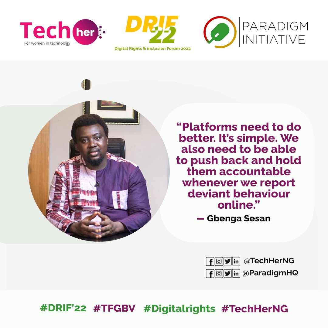 TechHerNG's tweet photo. As we end this week, let’s all remember the riveting highlights from our session at #DRIFF22. We must do our best, individually & collectively, to tackle incidents of online gender-based violence.
@gbengasesan
@AishaSalaudeen
@Mtechlaw
@mheena_deen https://t.co/D8qtbeLHdd