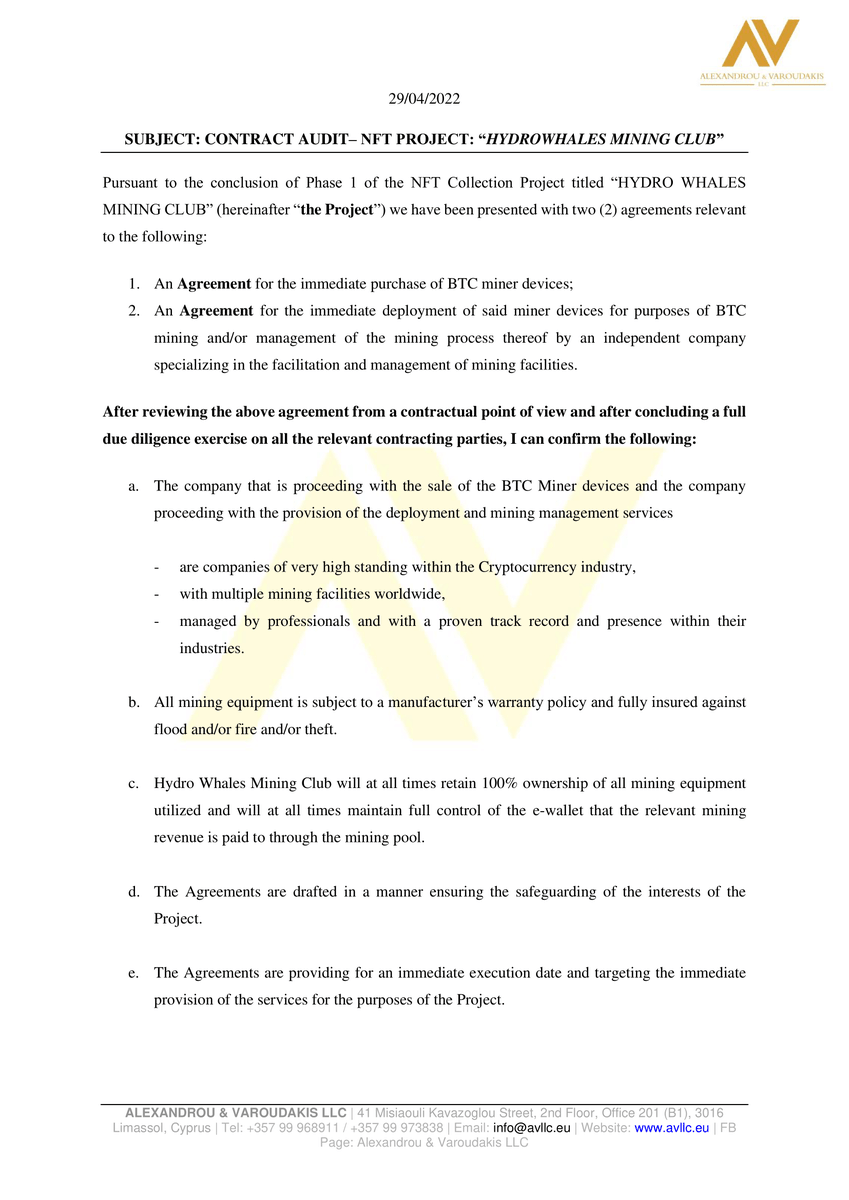 HydroWhalesClub's tweet photo. We've had our legal team provide an additional audit on the contracts and official confirmation that full payment for the initial set of miners has been sent!

We are delivering real utility and rewards to our holders.
 
#btcmining #eth #nfts #nftproject #NFTCommunity  #btc https://t.co/38Dw6UoccD