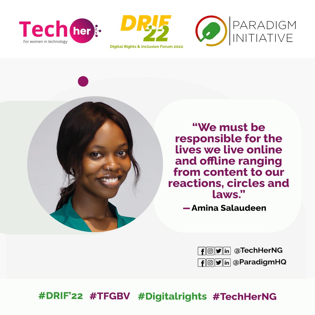 TechHerNG's tweet photo. As we end this week, let’s all remember the riveting highlights from our session at #DRIFF22. We must do our best, individually & collectively, to tackle incidents of online gender-based violence.
@gbengasesan
@AishaSalaudeen
@Mtechlaw
@mheena_deen https://t.co/D8qtbeLHdd