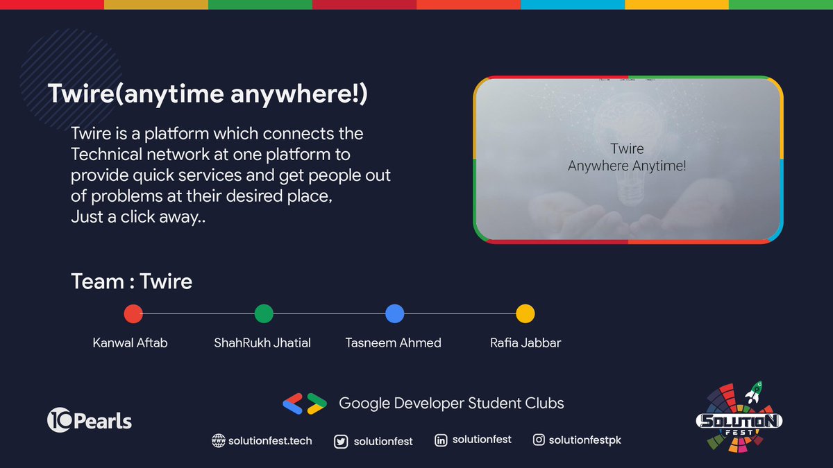 solutionfest's tweet photo. We are elated to present Twire; A platform that links all the Technical Networks in one place and helps people in the hour of need with the Ease of Access that's only a tap away.

Team Twire: Kanwal Aftab, ShahRukh Jhatial, Tasneem Ahmed, Rafia Jabbar 

#SolutionFest #GDSC https://t.co/IIUPQqsqoF
