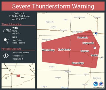 This graphic displays a severe thunderstorm warning plotted on a map. The warning is in effect until 12:30 PM CDT. The warning includes Sedalia MO, Warrensburg MO, Knob Noster MO. The threats associated with this warning are wind gusts up to 60 MPH and half dollar sized hail. There are 81,003 people in the warning along with 32 schools and 2 hospitals.