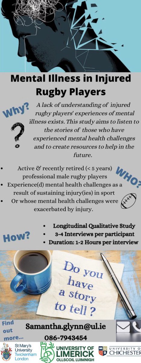 PARTICIPANTS NEEDED for PhD research!
Are you a male professional rugby player? (current or former) Have you experienced a meaningful injury/injuries?Have these injuries impacted and/or exacerbated your mental health? Do you have a story to tell?
Contact details ⬇️⬇️