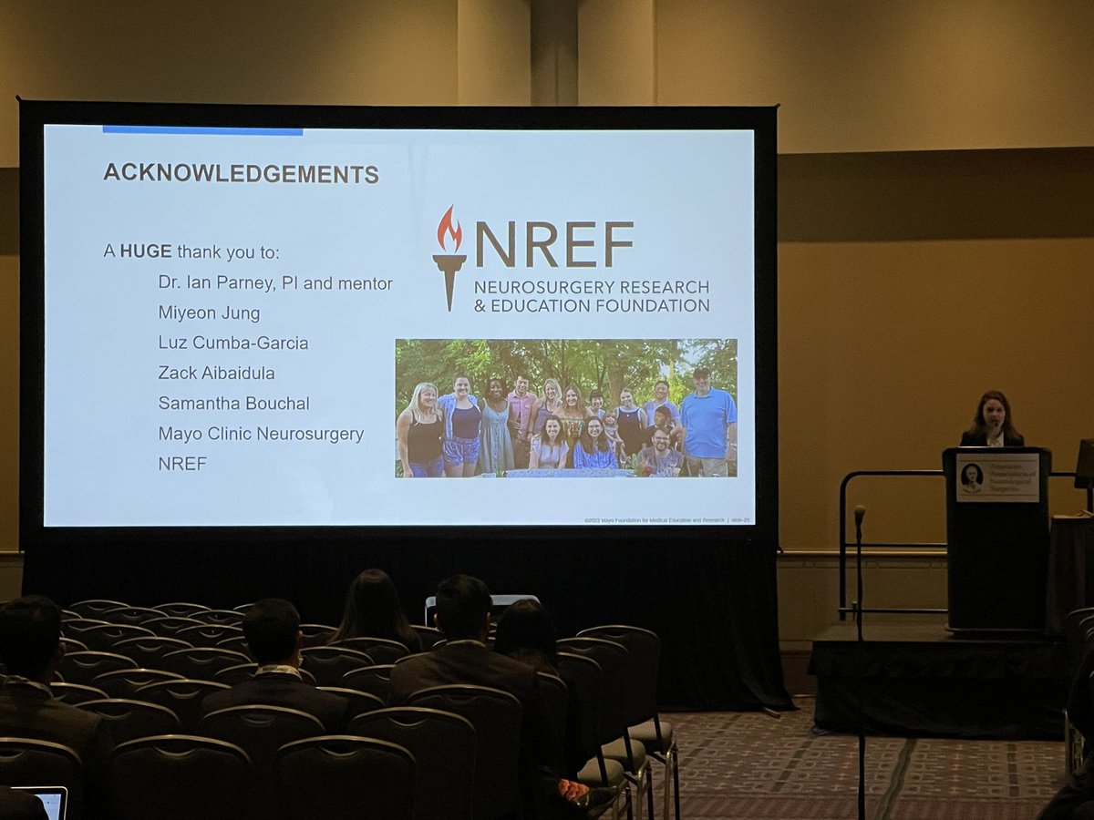 Congratulations @mmjbauman on a fantastic #AANS2022 presentation in the @youngneuros #ResearchForum, as well as your @NREFORG Grant supporting this exciting work... you make @MayoClinicNeuro proud!