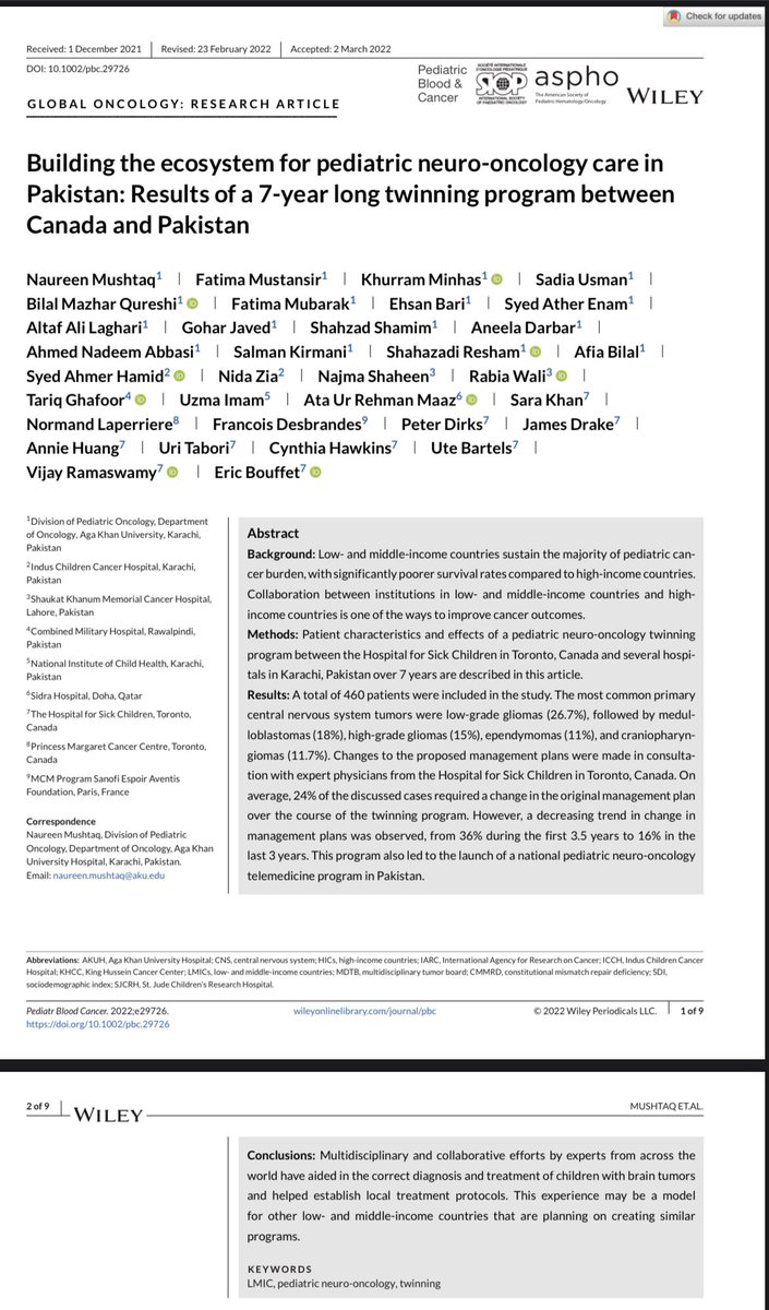 Extremely pleased that a project very dear to me way back from medschool was published today. Pre-2014, children w/brain tumors in Pakistan had few options. W/this incredible collab <a href="/MushtaqNaureen/">Naureen Mushtaq</a> &amp; team <a href="/AKUGlobal/">Aga Khan University</a> <a href="/SickKidsNews/">The Hospital for Sick Children (SickKids)</a> have changed the lives of 100s of kids+families