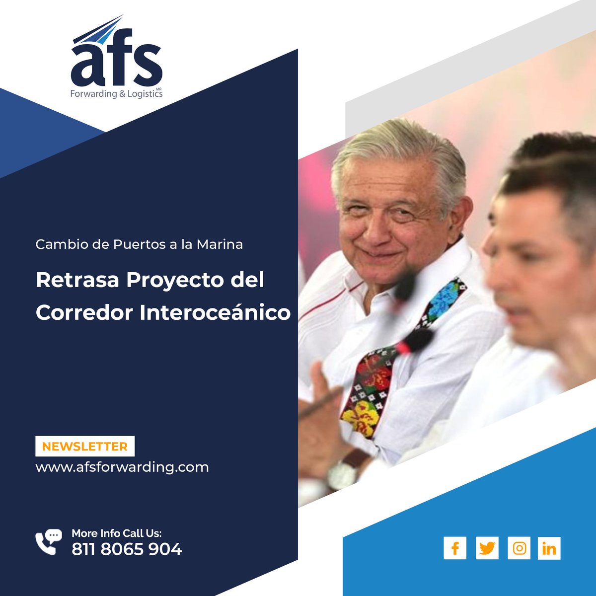 • AFS Newsletter
• "Cambio de puertos a la Marina retrasa proyecto del Corredor Interoceánico"

• Entra al enlace oficial para leer la nota completa:
rb.gy/tjsznp

#PuertosMexicanos
#asfforwardingandlogistics #agenciaaduanalmonterrey