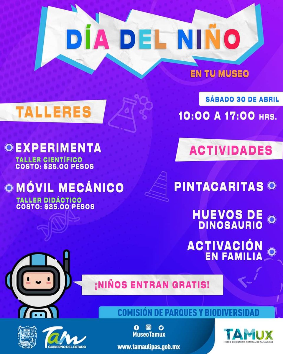 ¡Este #DiaDelNino tendrá un toque de ciencia y diversión! 👧👦🎉🧬🥼🦣

Acompáñanos, celebra con nosotros y disfruta de los talleres y actividades que tendremos para ti 👨‍👩‍👧‍👦🎨🦕🎊

¡No lo pienses mucho, te esperamos!🦖

#CdVictoria 
#Tamaulipas
