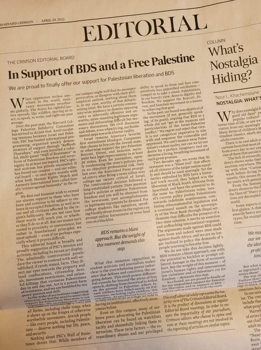 JUST IN: Harvard Crimson Editorial Board throws their weight behind Boycott, Divestment &amp; Sanction movement!

We owe this historic decision to the Palestinian people who resist daily the settler-colonial state of Israel and inspire us all to struggle for freedom. Onwards!