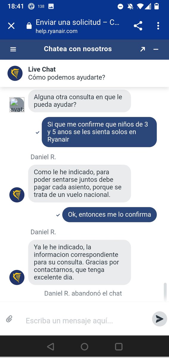 fgfermoso's tweet photo. @Ryanair @Ryanair_ES mis hijos de 3 y 5 años les han asignado un asiento lejos de mi. Me están obligando a pagar un servicio de elección de asientos que no quiero. No es una opción es una estafa. 3 y 5 años! Está permitido que no vayan al lado de un adulto? En Ryanair si https://t.co/iQXUegerBW