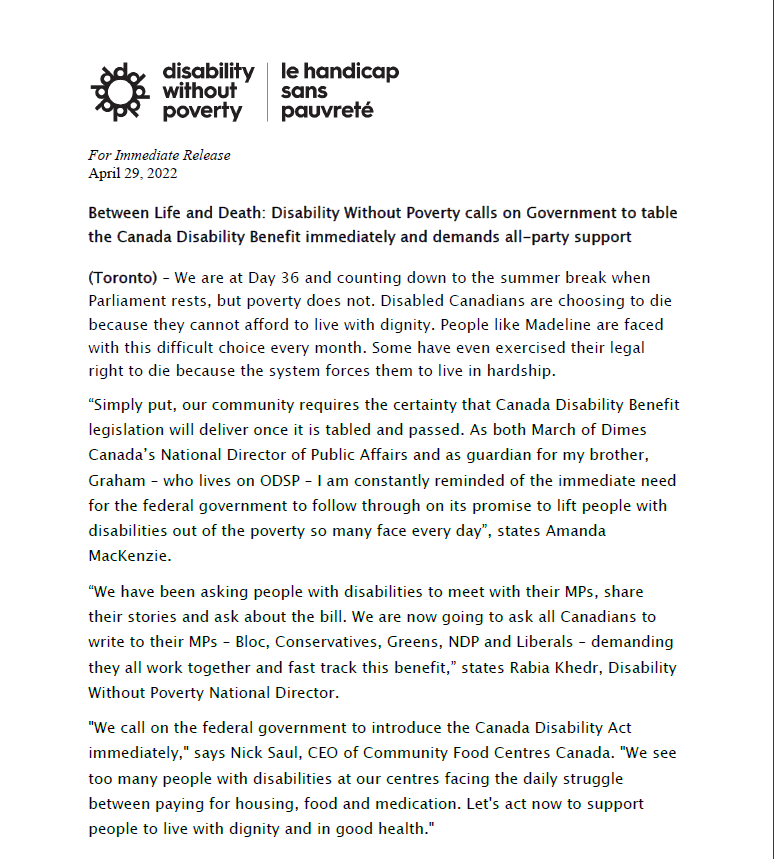 Text-based image of press release about disability and food justice organizations call for immediate tabling of Canada Disability Benefit. Link to screen-reader version here: https://www.disabilitywithoutpoverty.ca/press-release-disability-food-justice-canada-disability-benefit/ (part 1/2)
