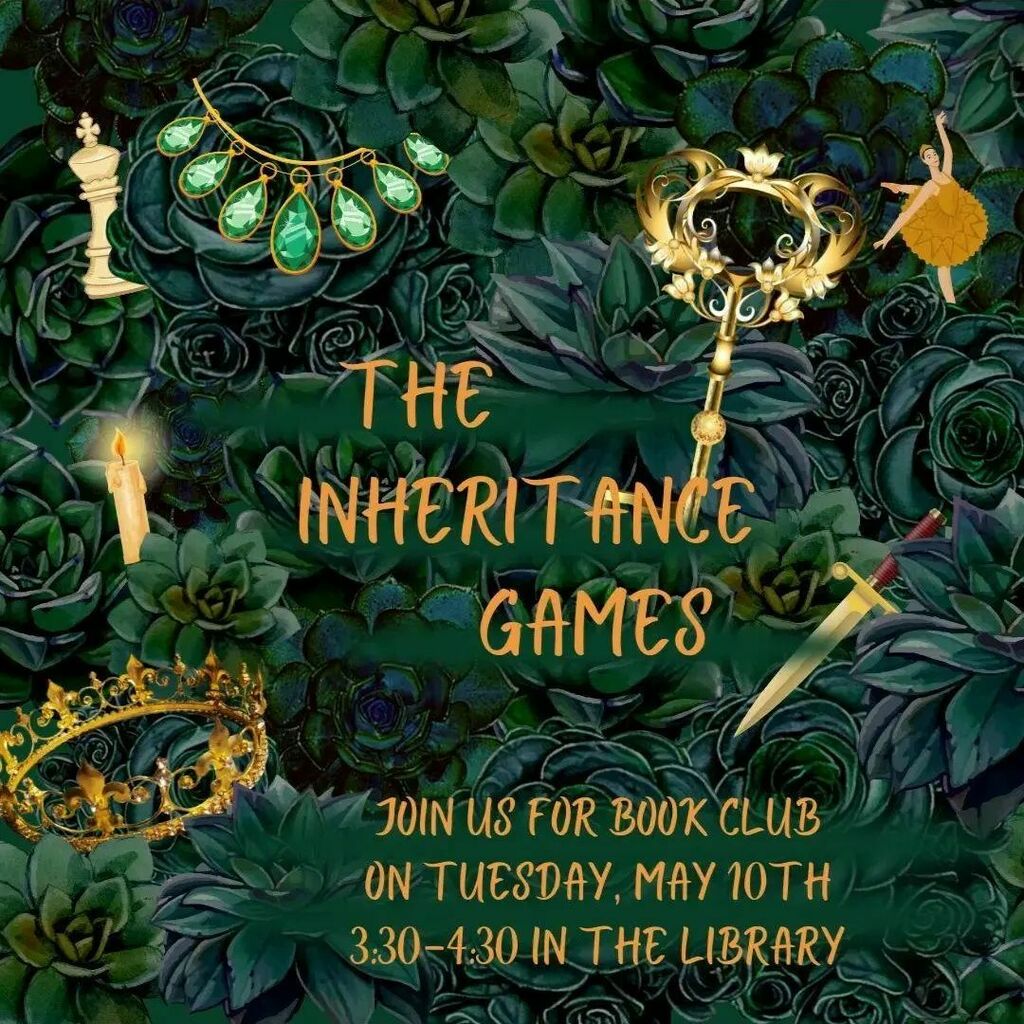 DgnLib's tweet photo. Check out a copy of the last book club choice, The Inheritance Games by Jennifer Barnes!⁠
This book was also the 2022 Lincoln Award winner, chosen by high school students!!⁠
Book Club will be on Tuesday, May 10th from 3:30-4:40 in the library!⁠
⁠
@au… https://t.co/fgUpipaZCW https://t.co/EPt2FKfc0b
