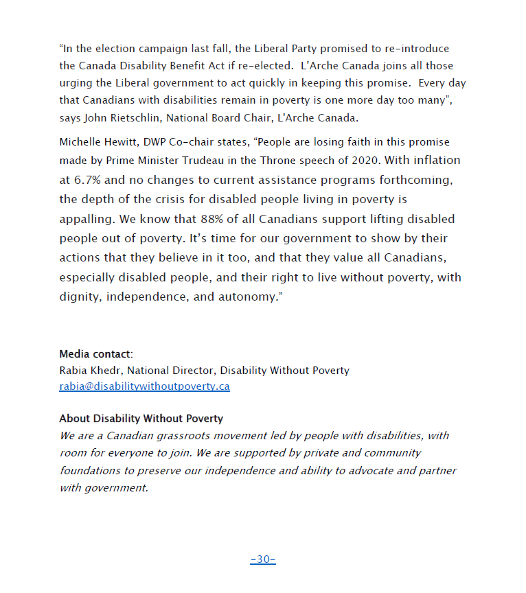 Text-based image of press release about disability and food justice organizations call for immediate tabling of Canada Disability Benefit. Link to screen-reader version here: https://www.disabilitywithoutpoverty.ca/press-release-disability-food-justice-canada-disability-benefit/ (part 2/2)