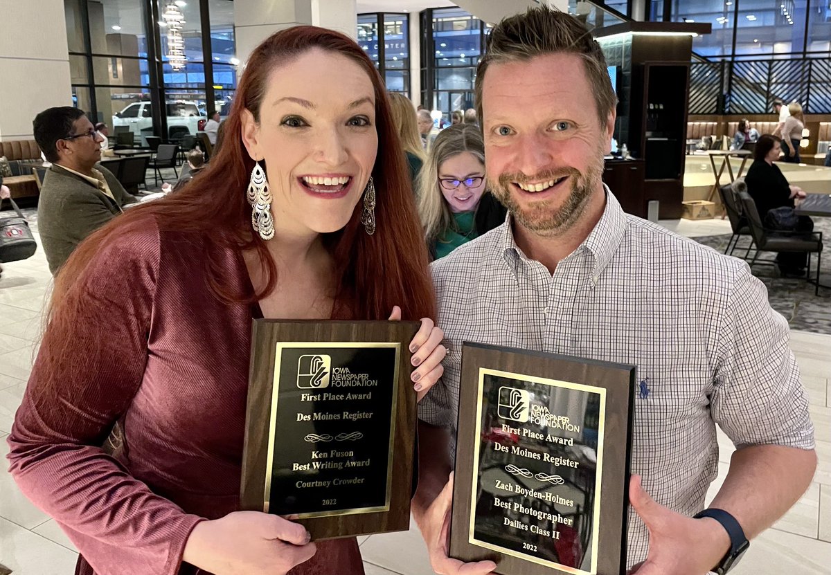 CourtneyCare's tweet photo. Thanks to the ⁦@IowaNewspaper⁩ Association for honoring me and ⁦@Boydenphoto⁩ last night. Now to tell more stories! https://t.co/AUUXXSc8XV