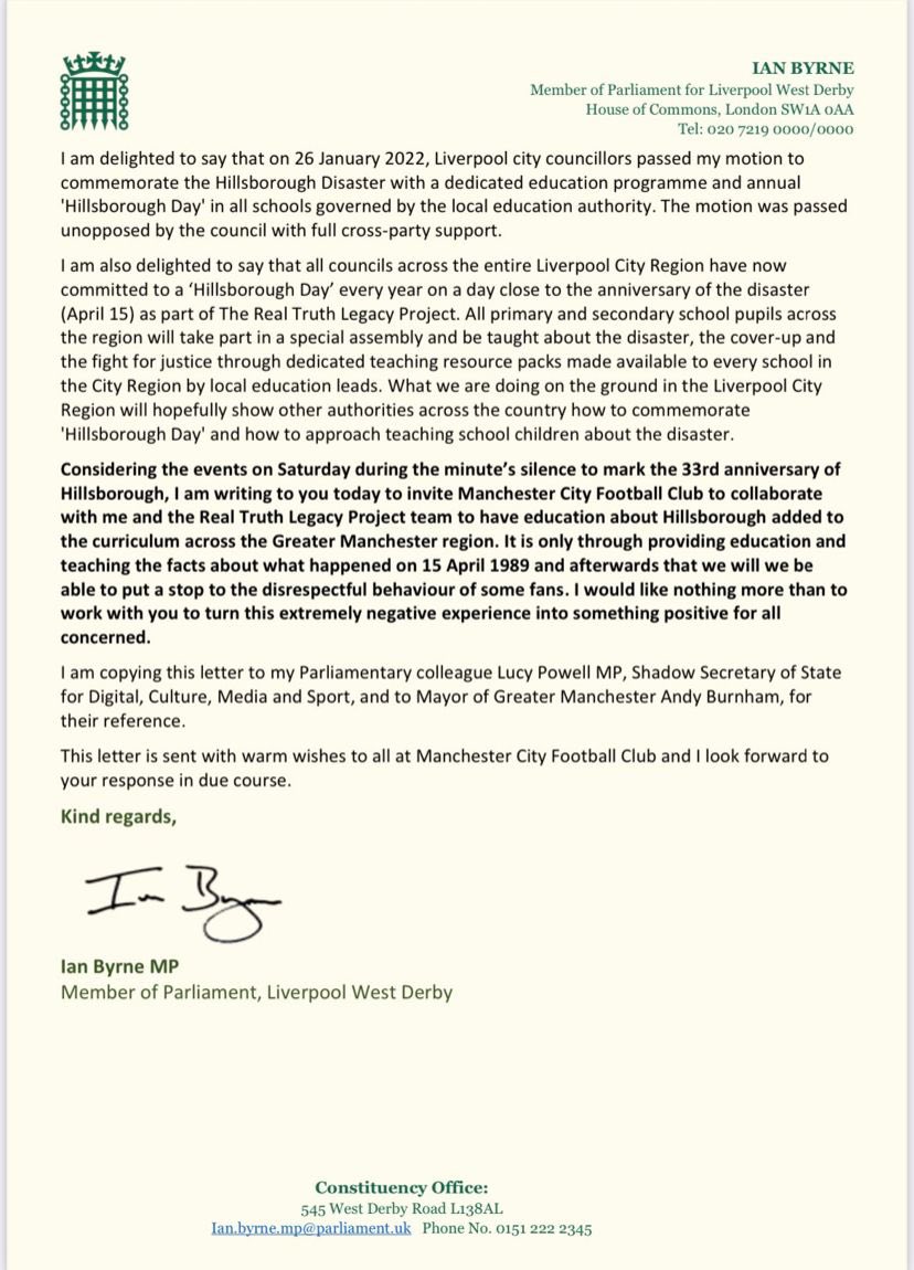 IanByrneMP's tweet photo. I wrote to @ManCity to invite them to back our  #TheRealTruthLegacyProject, after the unsavoury scenes at Wembley.
I cannot publish the club’s response in full at this moment  but it is extremely positive &amp; will be the start of something really special regards education.
#JFT97 https://t.co/I2nnTi7ppi