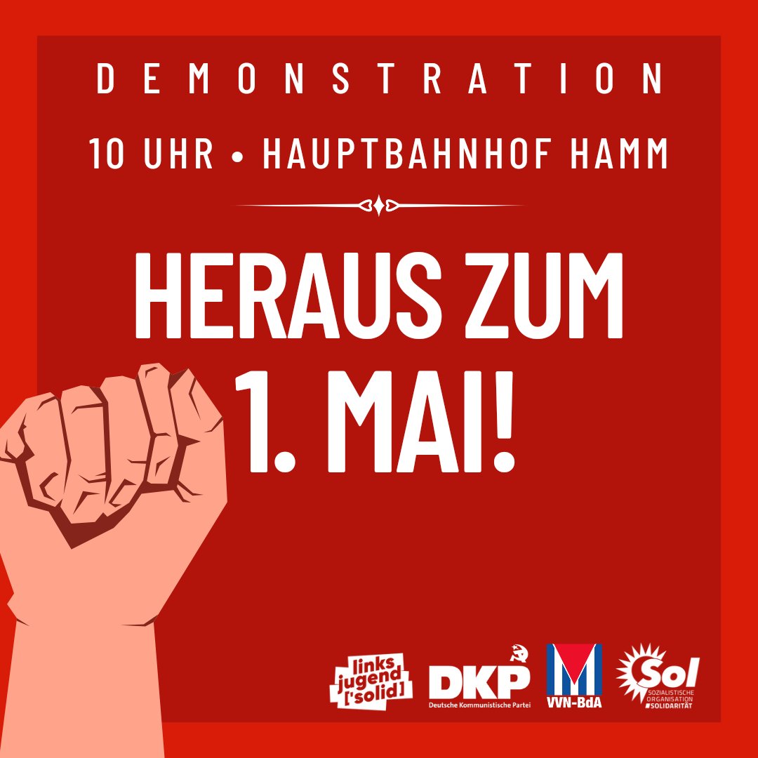 jfshamm's tweet image. [1/4] Am ersten Mai ist internationaler Kampftag der Arbeiter:innenklasse und wie jedes Jahr ruft die linksjugend ['solid] Hamm, die DKP Hamm/Hellweg, VVN-Hamm und Sol Hamm zur gemeinsamen Demonstration auf.