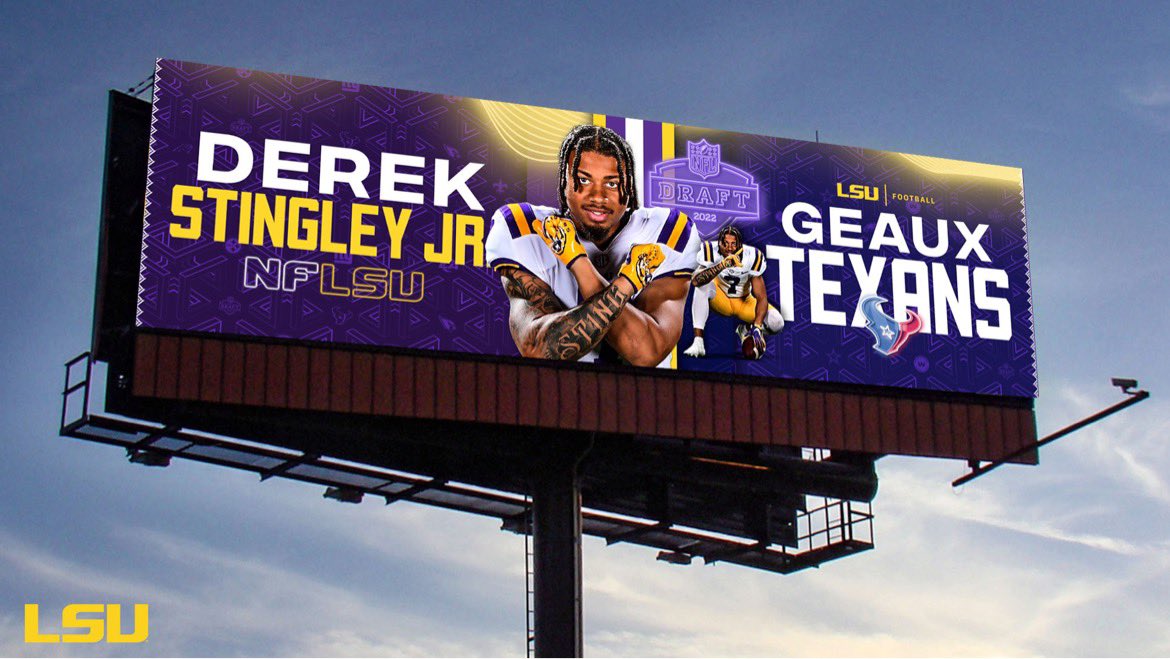 LSUfootball's tweet photo. Congratulations to Baton Rouge’s @stingjr! This billboard is running across the state of Louisiana and Houston. 

#NFLDraft | @HoustonTexans https://t.co/xTdGNL34rw