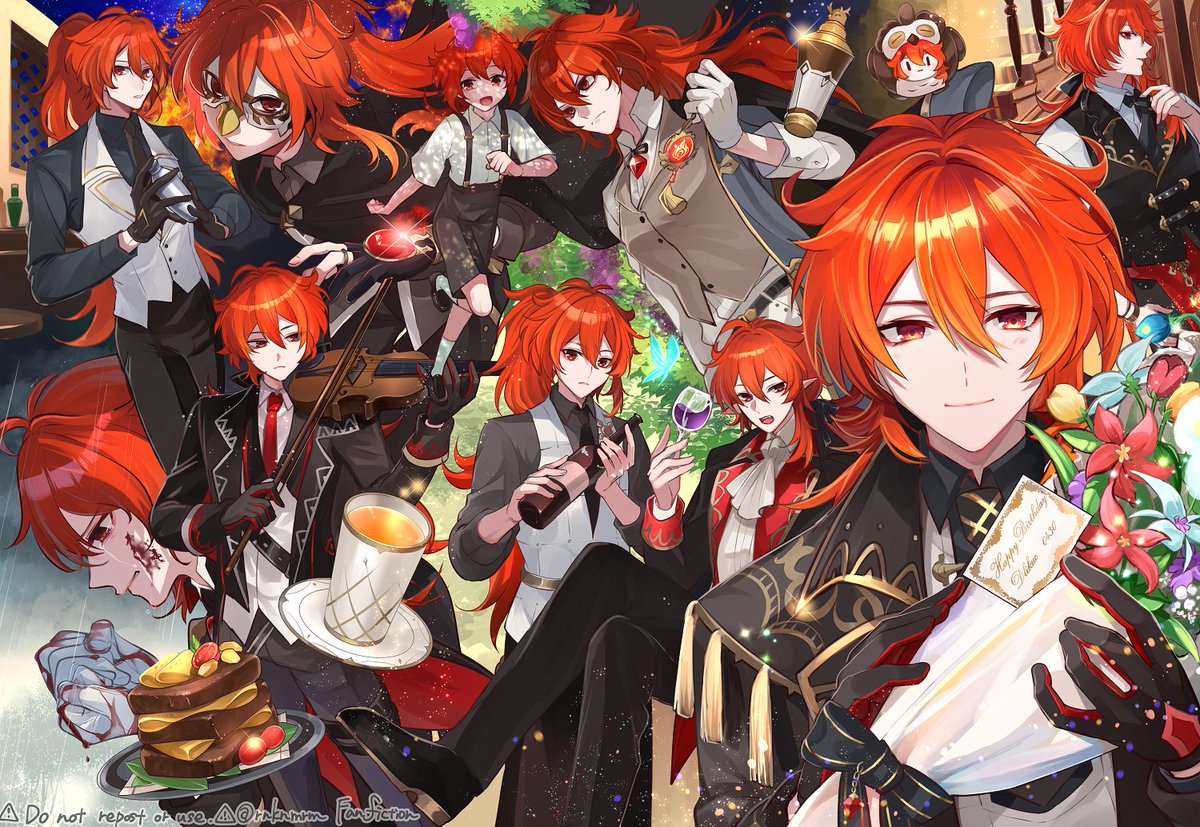 diluc (genshin impact) red hair long hair red eyes gloves male focus ponytail shirt  illustration images