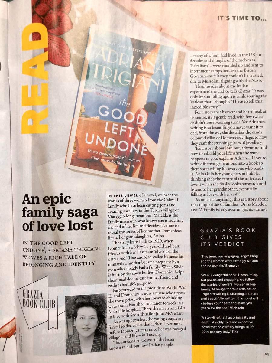 GabyYoung's tweet photo. In @GraziaUK #BookClub this month - the gorgeous new novel by @adrianatrigiani #TheGoodLeftUndone ‘a rich tale of belonging & identity’ published next Thursday @MichaelJBooks 🎉 ☀️ https://t.co/Df4hVdGMXi
