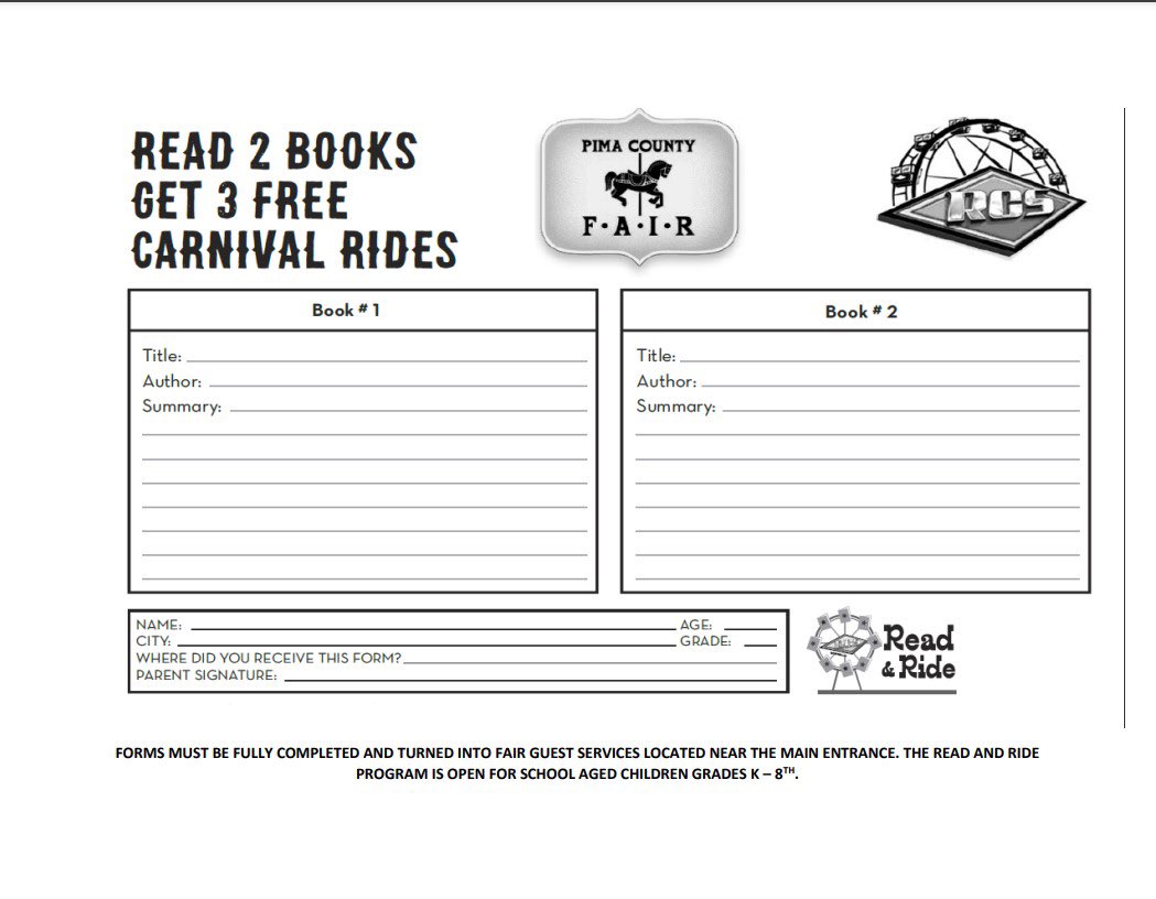 Pimacountyfair's tweet photo. It’s a great day to use the Read and Ride form! Students K-8 can read 2 books to get 3 FREE RIDES at the Pima County Fair!
Visit the Pima County Fair online at https://t.co/DPvbiuQlkg to learn more.
#PimaCountyFair #ReadandRide @whatsuptucson https://t.co/jTWKb1jlHJ