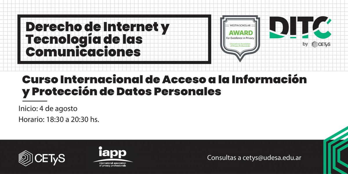 CETyS (@cetysedu) on Twitter photo 📢 Abrimos la inscripción para el curso Internacional de Protección de Datos Personales dentro del Programa DITC a cargo de Pablo Palazzi (<a href="/pablopalazzi/">pablopalazzi</a>) que contará con calificados expositores internacionales.
📅 Fecha de inicio: Jueves 4 de agosto
📚 Duración: 12 encuentros 📢 Abrimos la inscripción para el curso Internacional de Protección de Datos Personales dentro del Programa DITC a cargo de Pablo Palazzi (<a href="/pablopalazzi/">pablopalazzi</a>) que contará con calificados expositores internacionales.
📅 Fecha de inicio: Jueves 4 de agosto
📚 Duración: 12 encuentros