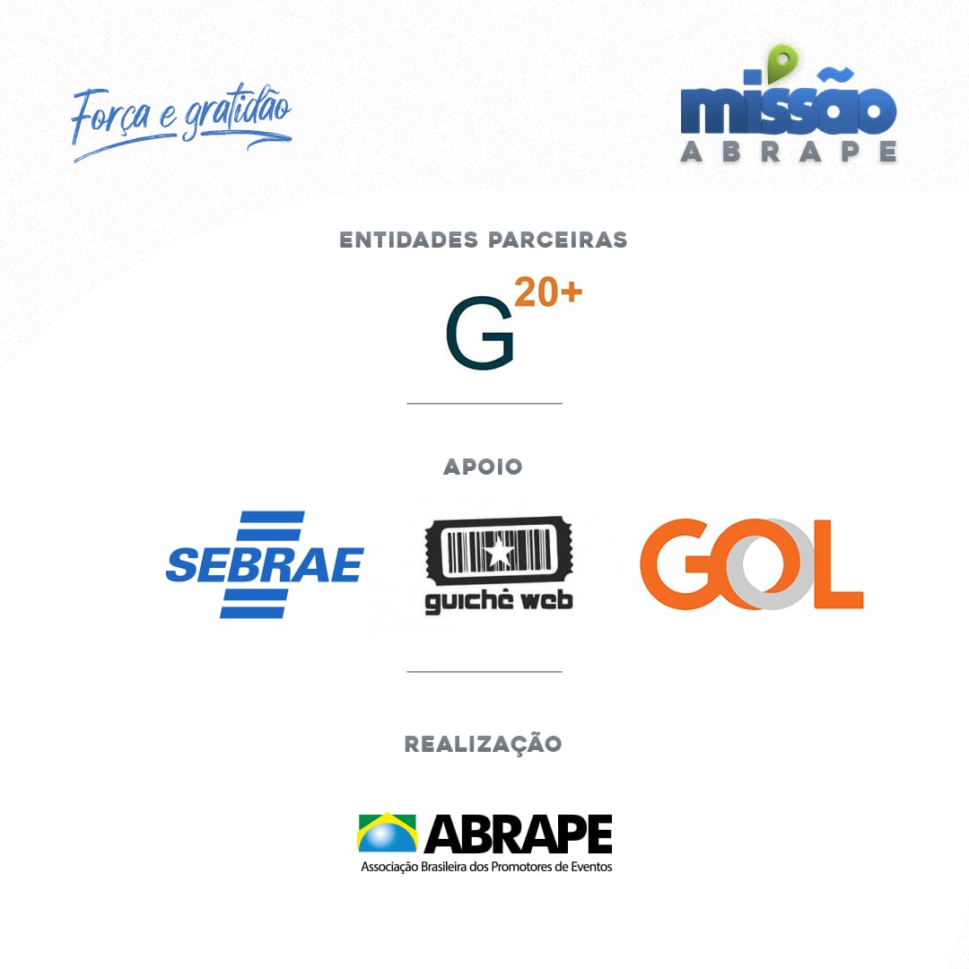 AbrapeOficial's tweet photo. Entidades Parceiras: G20 +
Apoio: @sebrae @guicheweb @VoeGOLoficial .
Juntos Somos Muito Mais.
#ABRAPE https://t.co/xxMm9J1V5a