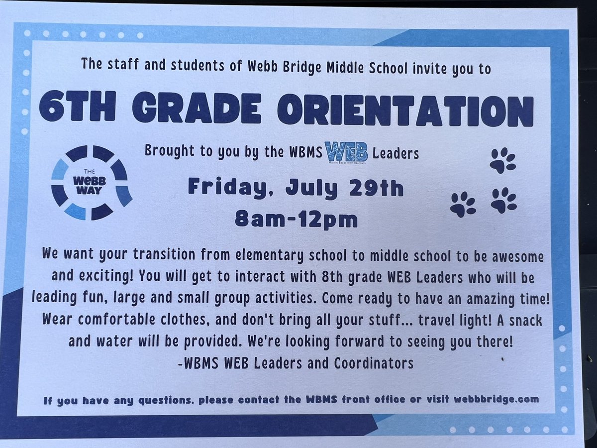 Hey, future 6th grade Jaguars! Keep an eye on your mail for the 6th Grade Orientation Invitation!! We can’t wait to see you in July! #TheWebbWay #WeLoveSixth <a href="/wbms_pta/">Webb Bridge MS PTA</a> <a href="/WebbBridgeMS/">Webb Bridge MS</a> <a href="/lwesprincipal/">Julie Morris</a> <a href="/NPESprincipal/">Amy Booms Lemons</a> <a href="/OCEEPrincipal/">Kerri-Ann Williams</a> <a href="/CVESPrincipal/">Ms. In</a>
