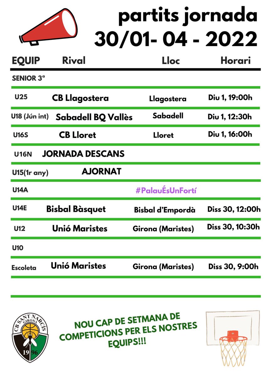 🗓Calendari de partits #CBSN d’aquest cap de setmana‼️🏀
