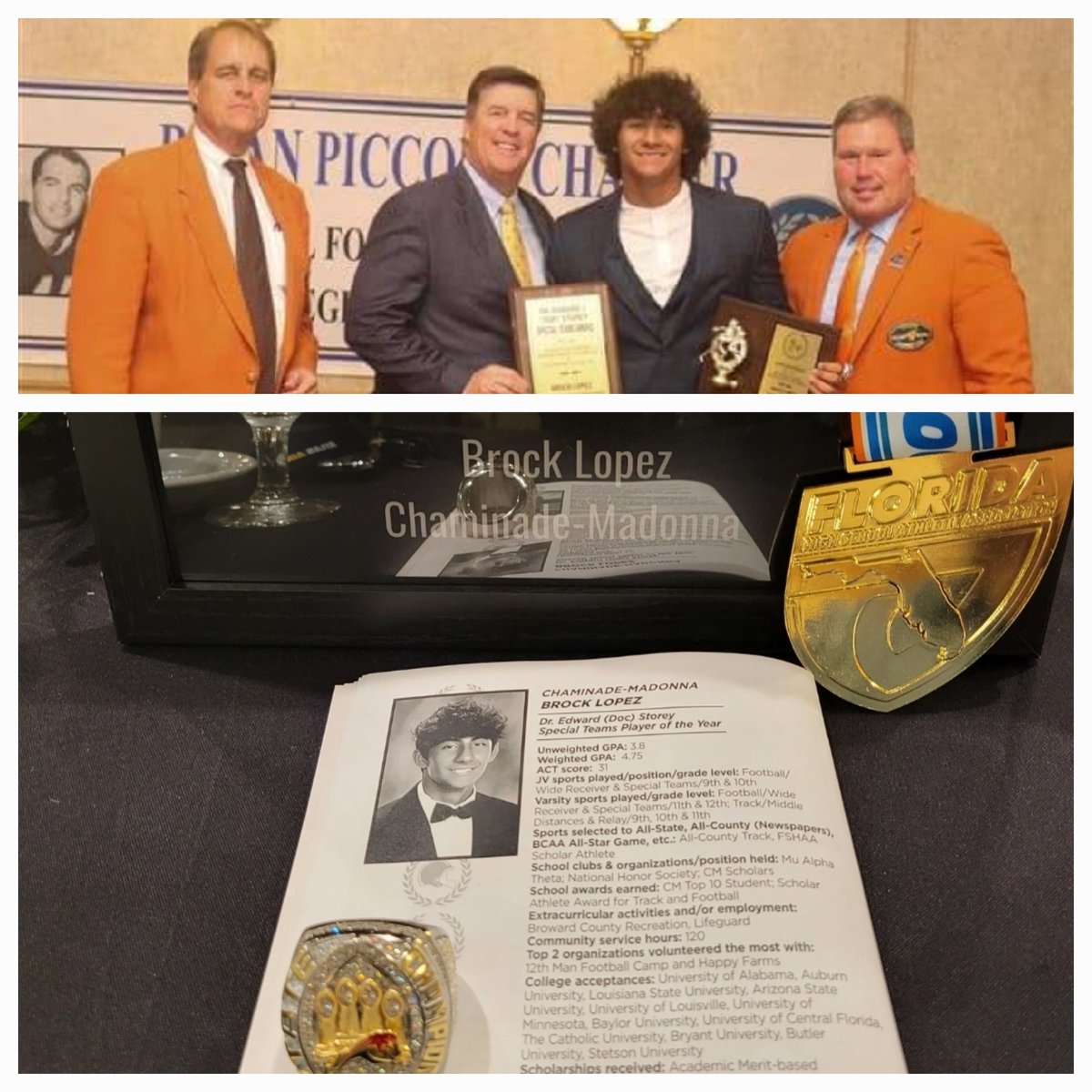 Nadeboyz's tweet photo. Nadeboyz are STUDENT Athletes! Congratulations @BrockLopez6 1 of only 40 BCAA's Brian Piccolo Academic Award winners &amp; '22 Special Teams Player of the Year. Accepted to 23 University's, receiving half or Full Academic Scholarships to each. Final destination, Gator Nation NBFL✝️💯 https://t.co/uob4lcsNI2