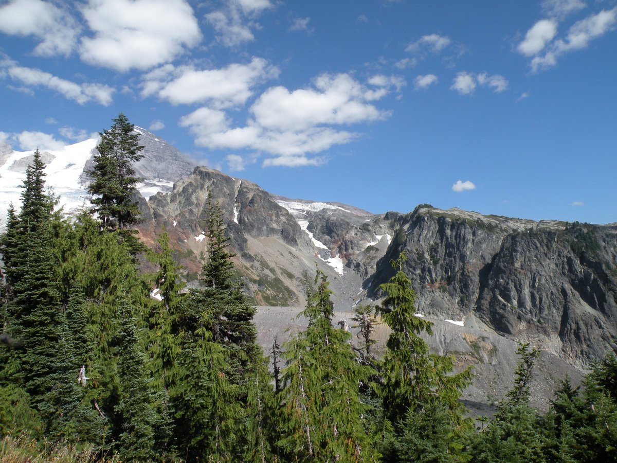 Picture towards Mt. Rainier's summit on the left and a mountain ridgeline on the right. There are trees in the foreground.