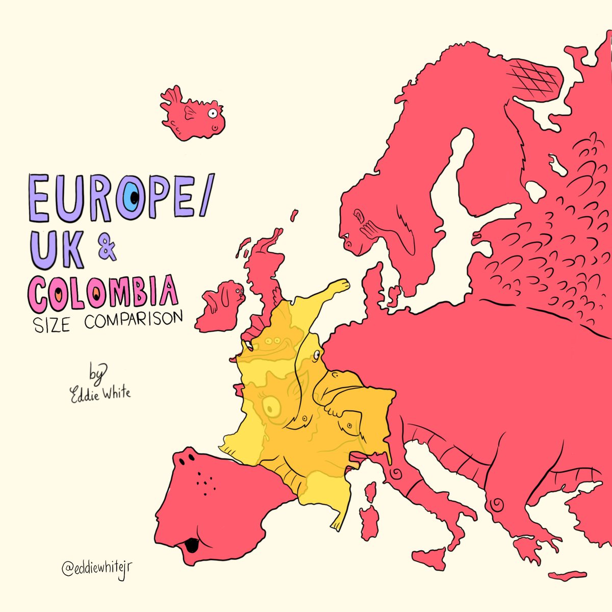EddieWhiteJr's tweet photo. EUROPE/UK & COLOMBIA size comparison monster map 👀Did you know If Colombia was in Europe it would be the largest country there other than the European part of Russia. #colombia #europe #monstermap #monstermaps https://t.co/gHN09pfltL