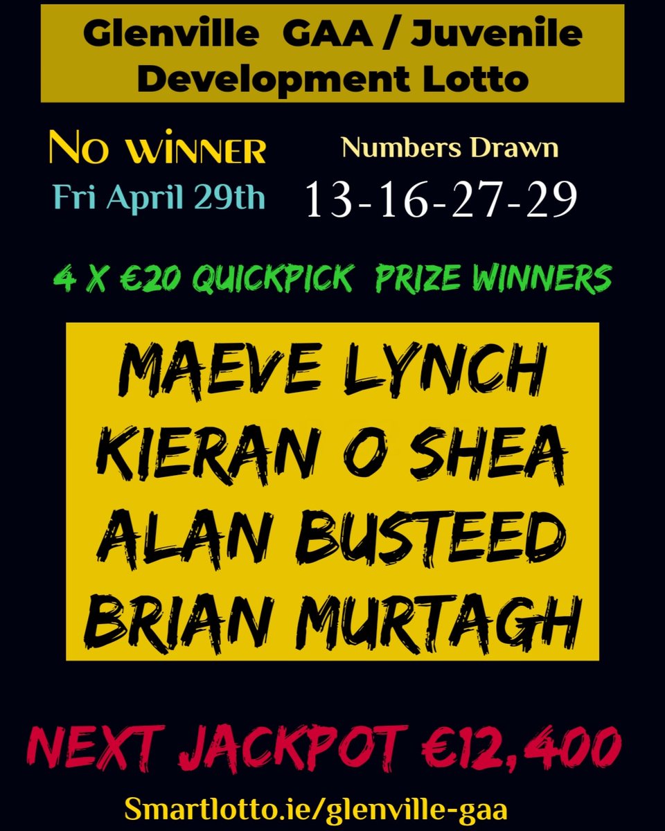 CLUB LOTTO RESULTS

No Winner of tonight's lotto draw. We thank everyone who supported this week's lotto. Full report can be seen below.
€12,400 is next week's Jackpot
<a href="/WGHLadiesGaa/">WGH LadiesGAA</a>
<a href="/GlenvilleGAA/">Glenville GAA Club</a>
Smartlotto.ie/glenville-gaa