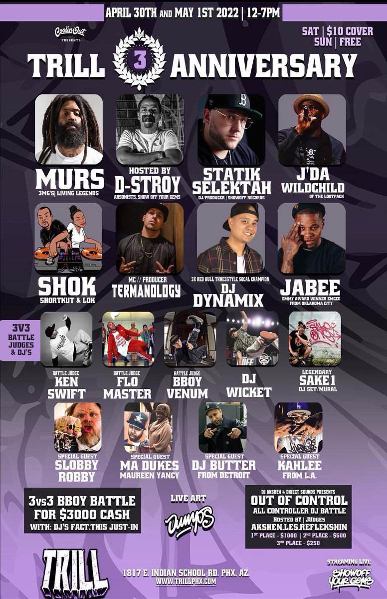 Heading out to Phx tomorrow to perform at this Trill 3 Year Anniversary with <a href="/MURS/">MURS</a> <a href="/TermanologyST/">Termanology</a> <a href="/StatikSelekt/">Statik Selektah</a> <a href="/jdawildchild/">WILDCHILD(JACK)</a> and way more! Bout to be a great event. Come through and say hi!