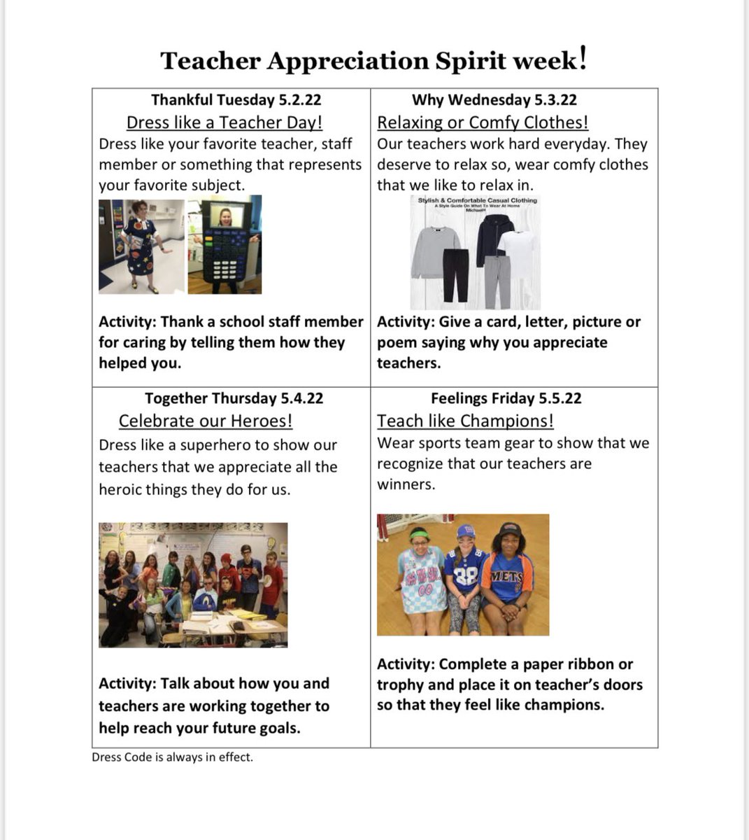 Next week is TEACHER APPRECIATION WEEK!!!! We might be biased but we have some of the best! Checkout the official spirit week below and start planning your outfits! #PWCScounseling #TeacherAppreciationWeek