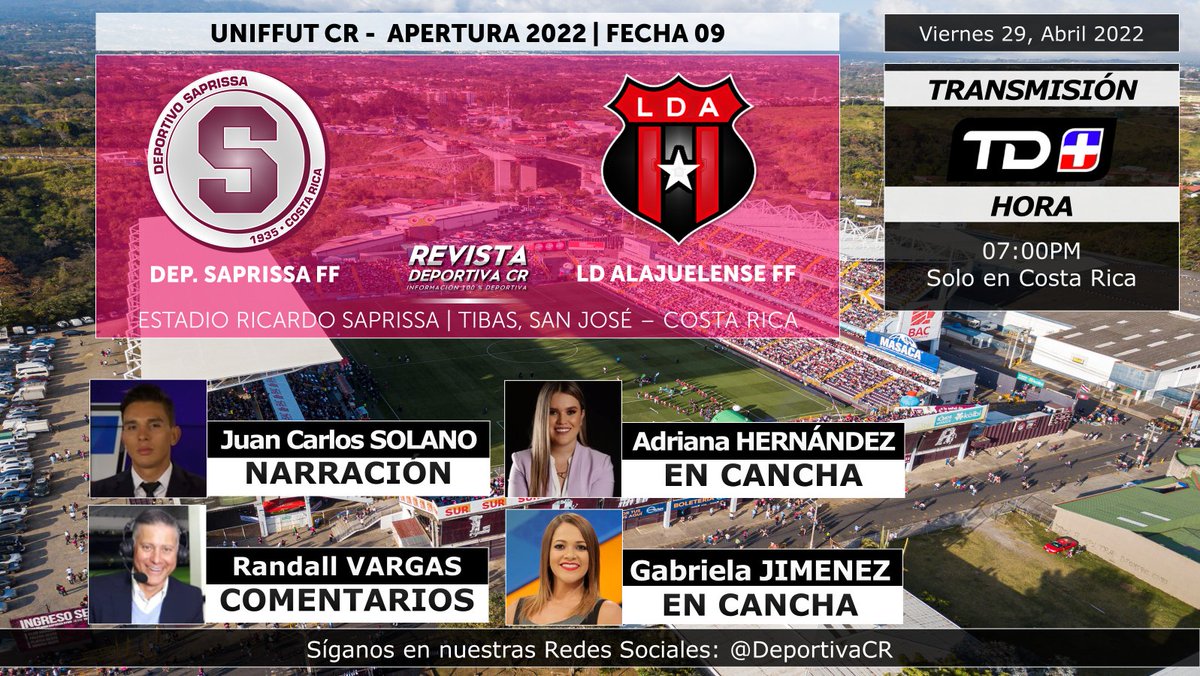 DeportivaCR's tweet image. #ElNuevoClasicoFFCR 
🏆 @UniffutCR Apertura 2022 | Fecha 09
🇨🇷 @SaprissaOficial FF v @ldacr FF
🎙️ @jcsolano_rivera @randallvargas @Adrihernandezcr @GabJHi 
⏰07:00pm CRC por @tdmas_cr 
🇺🇦🇨🇷 #PrayForUkraine #SAPvLDA #DeportivaCR