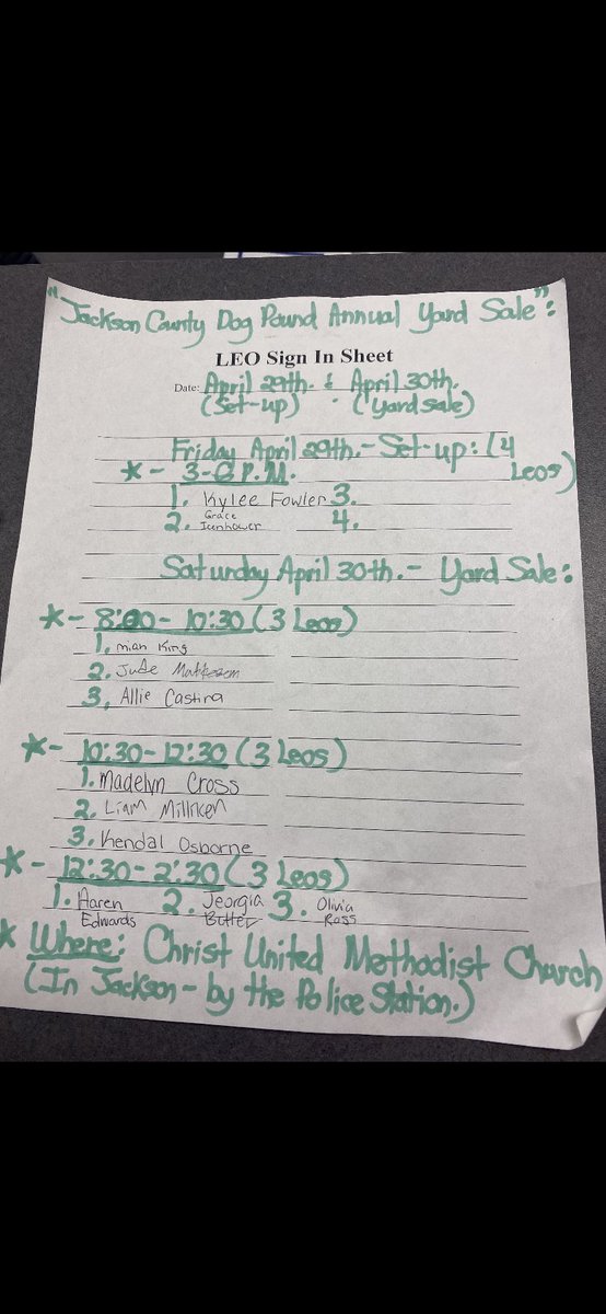 JHS_leos's tweet photo. Thank you to the Leo’s who signed up for these shifts. This is a friendly reminder of what your shift is if you forgot! https://t.co/zRcBnPPHyD