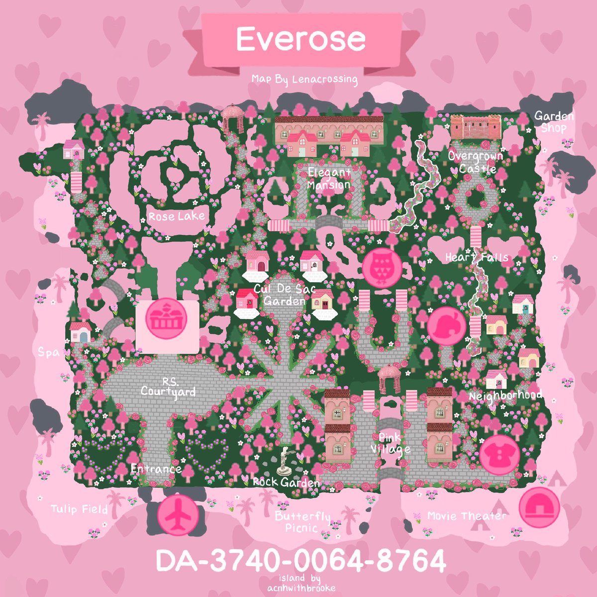 Surprise 🥳 Welcome to Everose, an elegant overgrown rose garden island 🌷🌸💕 
Map by @/Lena crossing on IG 💗
#AnimalCrossingNewHorizons #ACNH #acnhinspo #acnhdreamaddress