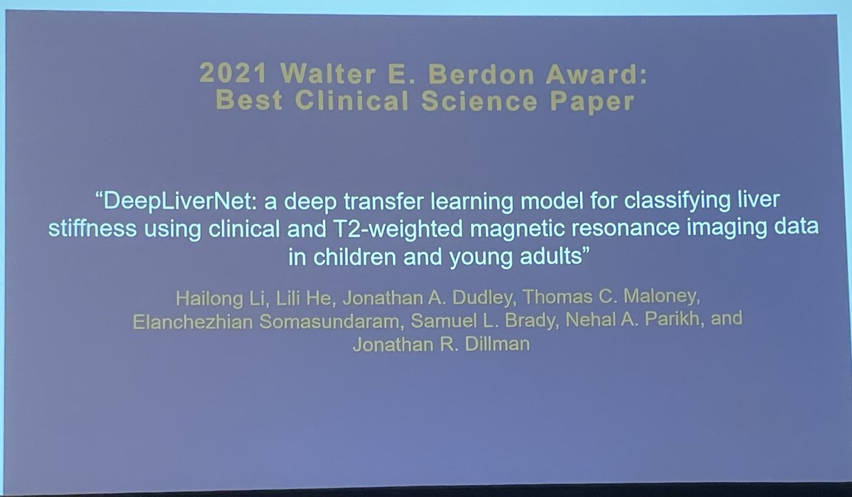 Congratulations to ⁦<a href="/therealjonadill/">Jonathan Dillman</a>⁩, ⁦<a href="/AI_CAD_CCHMC/">Lili He</a>⁩, ⁦<a href="/HailongLi_OH/">Hailong Li</a>⁩, ⁦<a href="/chezhipower/">Elanchezhian Somasundaram</a>⁩, ⁦<a href="/SamBradyPHD/">Samuel Brady PhD</a>⁩ and other authors for being awarded the Walter Berdon Award for Best Scientific Paper in ⁦<a href="/PedRadJournal/">Pediatric Radiology</a>⁩ #SPR22