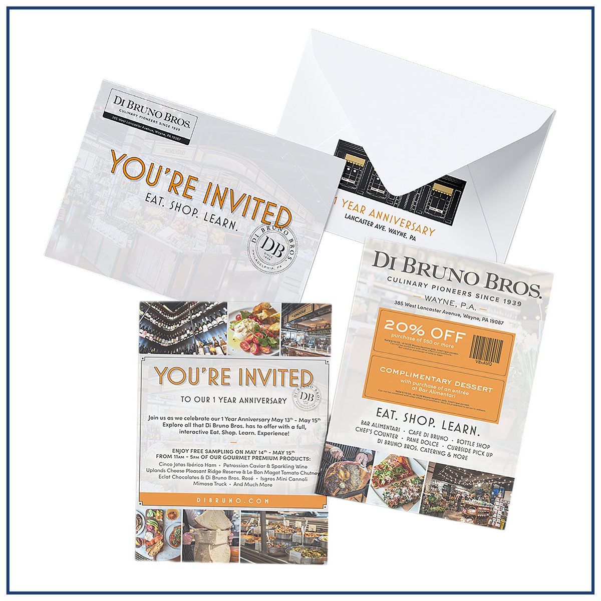 ElysiumMG's tweet photo. 𝚈𝚘𝚞'𝚟𝚎 𝚐𝚘𝚝 𝚖𝚊𝚒𝚕📫 We designed this printed invitation for Di Bruno Bros. as a mail piece to invite people to their Wayne location's 1st Anniversary! #WeLoveOurClients #DirectMail https://t.co/iCao95DqqG