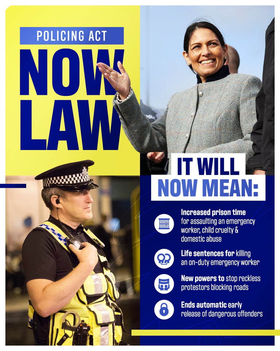 Conservatives's tweet photo. 🚨 POLICING ACT NOW LAW 🚨

Conservatives have been getting on with the job – in the last 48 hours alone, we’ve brought 19 more crucial acts into law. https://t.co/45nq0k2EgB