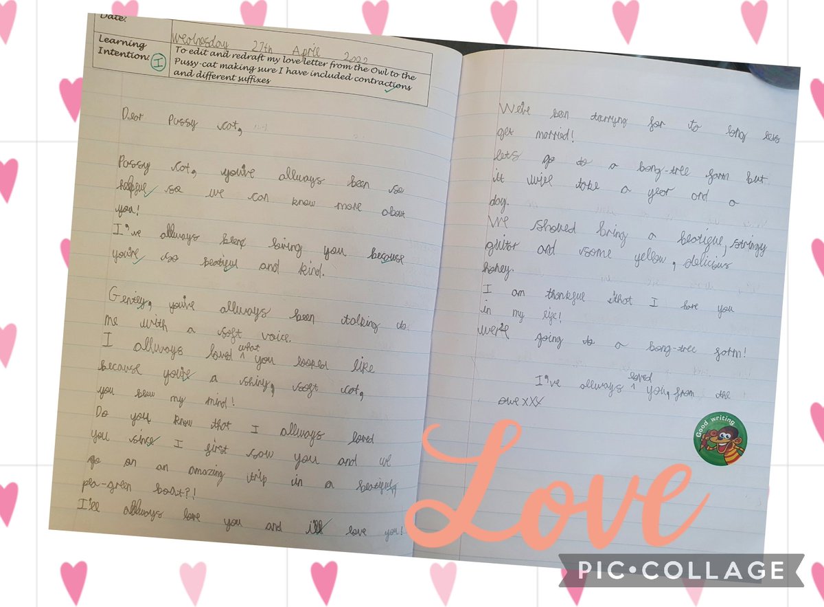 ststephensSW8's tweet photo. This term, Year 2 have been enjoying reading 'The Owl and the Pussycat'🦉🐈 by Edward Lear. Look at some of the lovely work they produced this week when they wrote love letters from the Owl to the Pussycat 💌📝 @theliteracytree @LiteracyPippa #StStephensYear2 #StStephensWriting https://t.co/eLGoDSdV1H