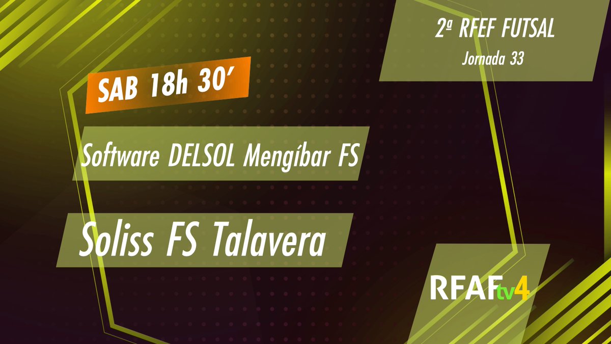 🚨RETRANSMISIÓN ‼

⚽️FÚTBOL SALA | Cómo para perdérselo... Otra final para Software Delsol ‼

👉Este sábado, a las 18:20 h, en #directo: <a href="/Mengibar_FS/">Oleoinnova Mengíbar FS</a> - <a href="/FS_Talavera/">Fútbol Sala Talavera</a> . Retransmitido por <a href="/RFAF_tv/">RFAFtv</a> con la producción de JaenEnJuego... ¡¡PARTIDAZO!!

RFAF TV: tv.rfaf.es/#/content/