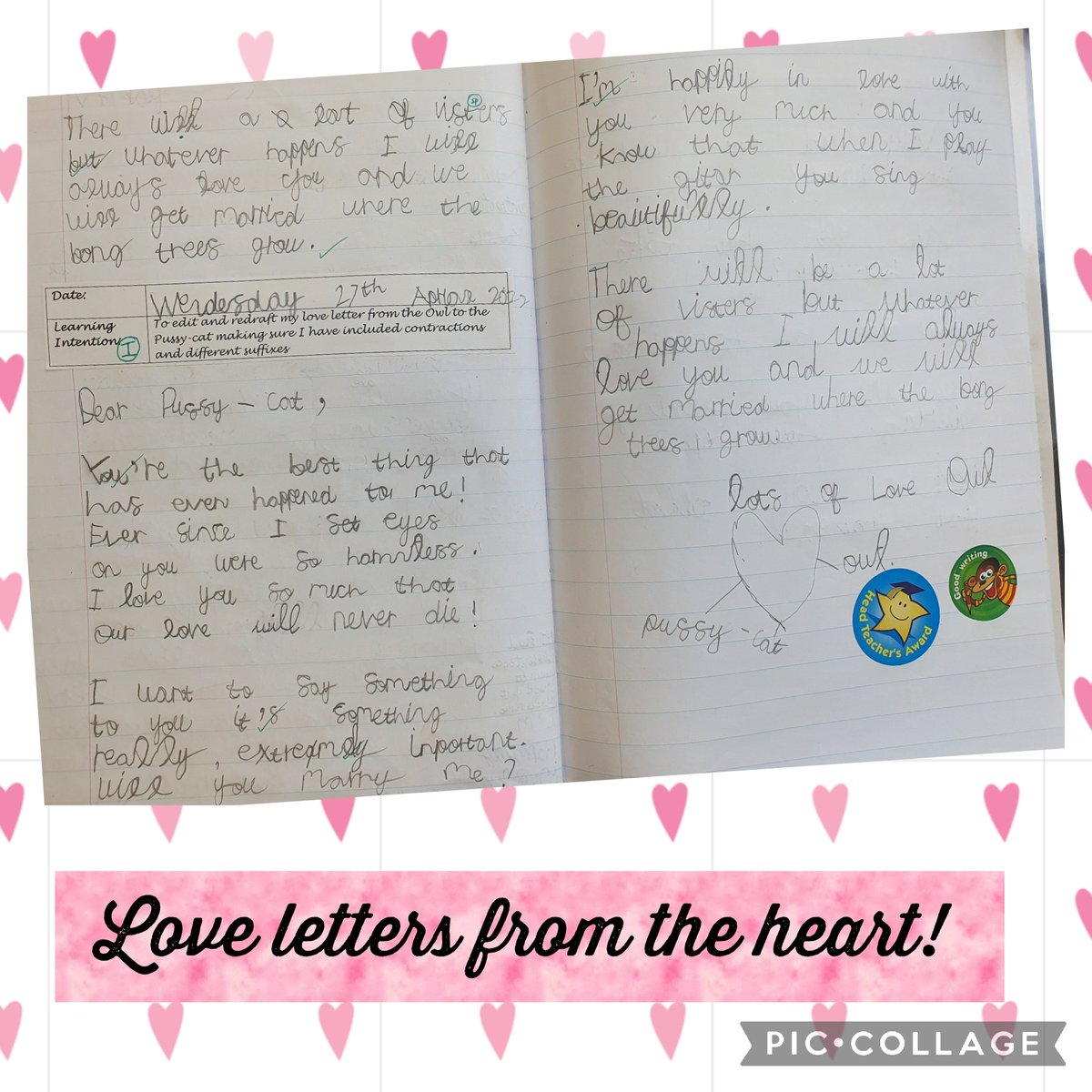 ststephensSW8's tweet photo. This term, Year 2 have been enjoying reading 'The Owl and the Pussycat'🦉🐈 by Edward Lear. Look at some of the lovely work they produced this week when they wrote love letters from the Owl to the Pussycat 💌📝 @theliteracytree @LiteracyPippa #StStephensYear2 #StStephensWriting https://t.co/eLGoDSdV1H