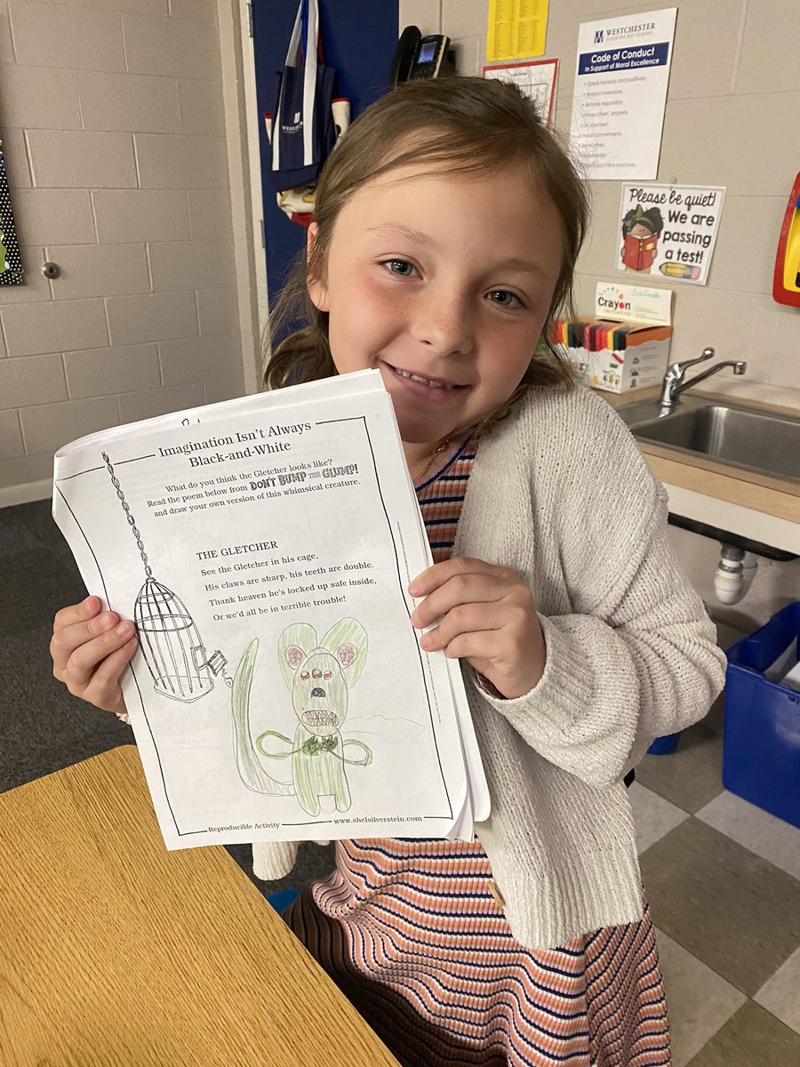 WCDS_Lower's tweet photo. Don’t bump the Glump! For National Poetry Month, #WCDSGrade2 students are doing a author study of Shel Silverstein. They used visualization to “picture” what the “Gletcher” looks like. Creative imaginations are definitely at work! ✍️ #WCDSLanguageArts https://t.co/8nRbGjAsS2