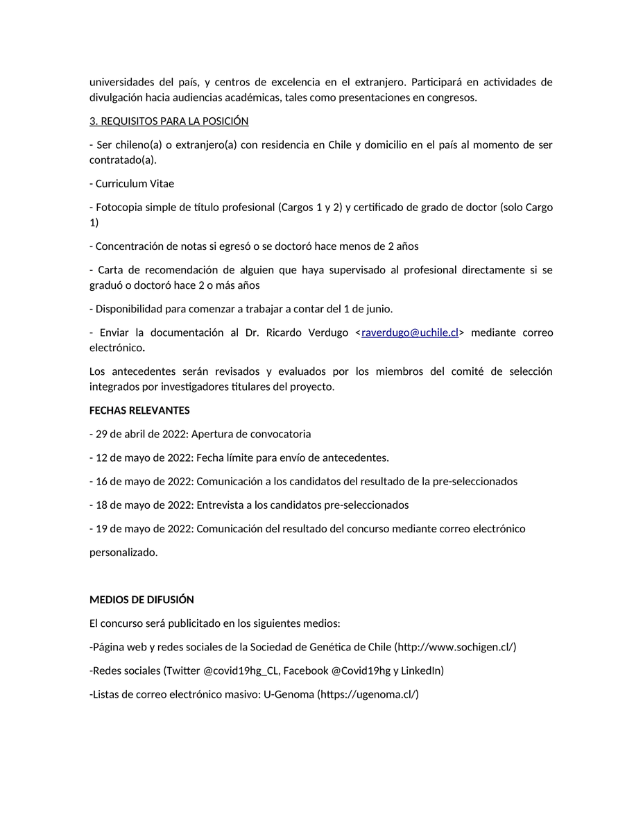 Oportunidad laboral para ingeniero en bioinformática y analista de datos/postdoc asociados al proyecto Anillo ACT210085: "COVID-19 Genomics Network (C19-GenoNet)", en la U. de Talca.