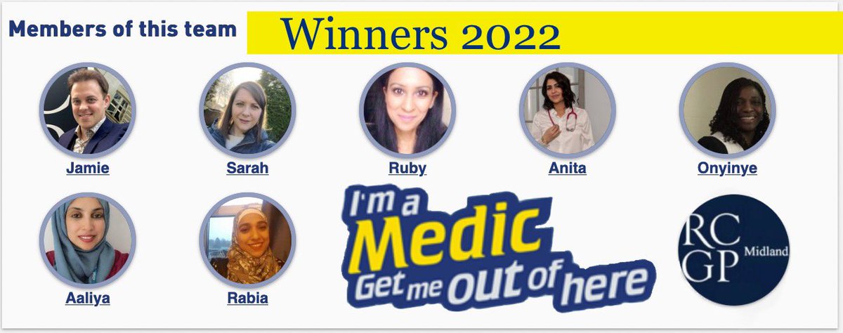 ArtfulDoctor's tweet photo. Congratulations to our team for Winning the 2022 I’m a Medic, Get Me Out of Here! 🏆 
#VibrantFaculties
@TeamGP @RcgpFaculties @RCGPAiT @imamedic_uk 
Well done to the team:
@ArtfulDoctor Dr Sarah Cousins, Dr Ruby Shoffa @dranitaraja @onyiokonkwogp @Aaliya_UK &amp; Dr Rabia Khan! https://t.co/lprzXMjnat