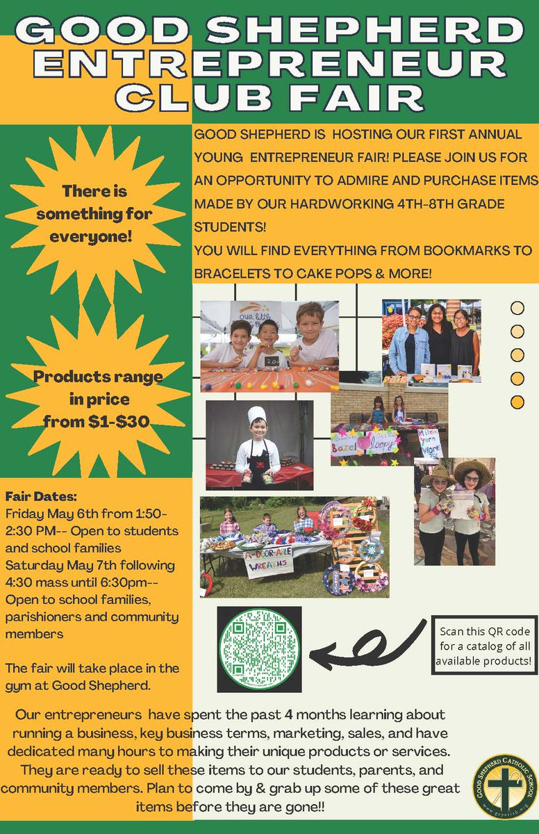 GSCSRams's tweet photo. We are one week away from our first annual Young Entrepreneur Fair.  Come and see these innovative creations by some of our 4th through 8th graders.  💚💛 https://t.co/1MUOa5xOxo