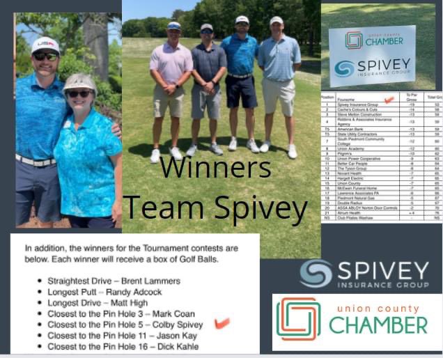 SpiveyInsurance's tweet photo. Colby Spivey's Team brought home the win at the annual @UnionCountyCOC Golf Tournament. Looks like Colby and @ptkahle got the dress alike memo.☺ Thank you to all the chamber team and volunteers who made this happen.
#playingolfforagreatcause #teamspivey #supportyourchamber https://t.co/jOBBvdhmPQ